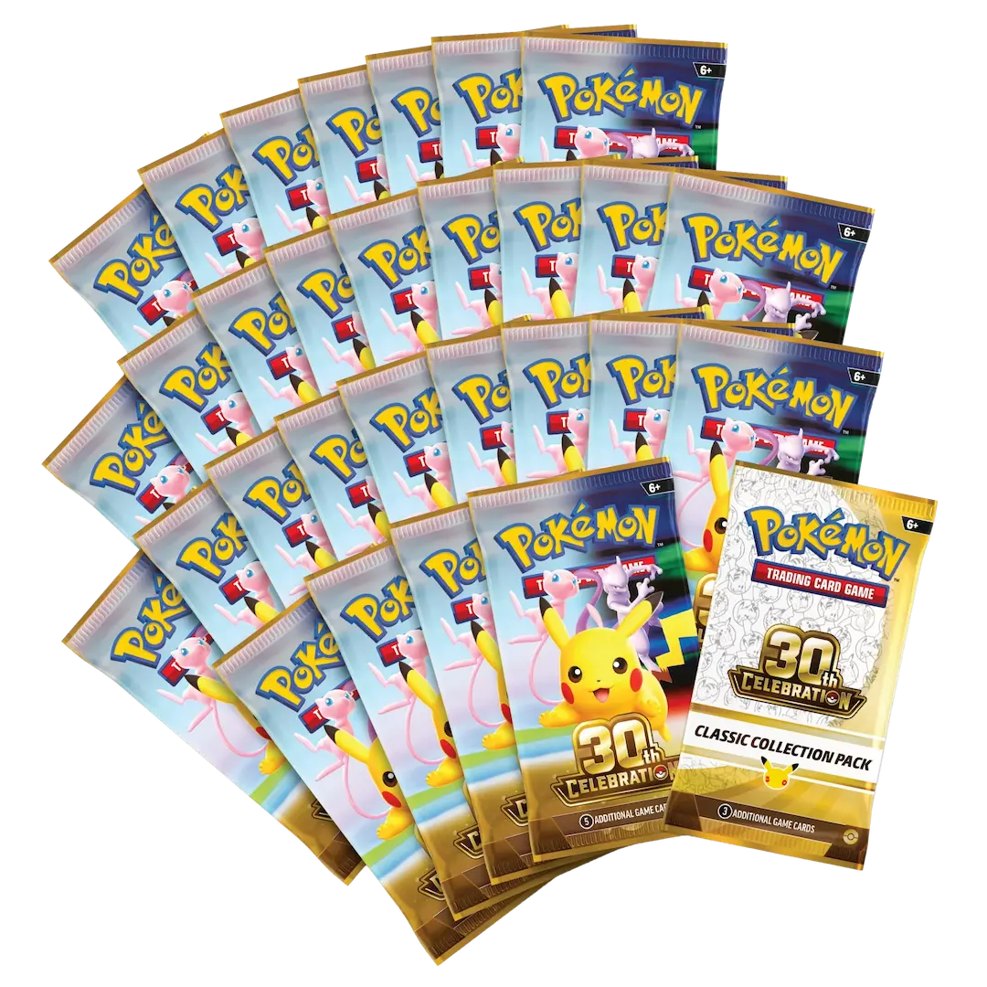 30th Celebration Ultra Premium Collection - Night Out featuring 30 Pokémon TCG booster packs and Classic Collection pack.