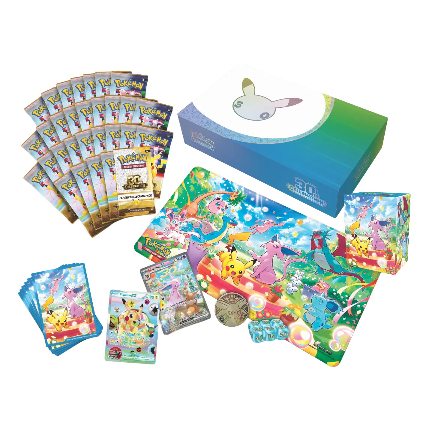 30th Celebration Ultra Premium Collection - Day Out featuring cards, booster packs, and a colorful playmat.