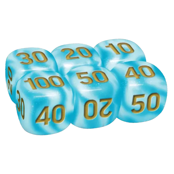 30th Celebration Ultra Premium Collection - Day Out themed dice featuring numbers 10, 20, 30, 40, 50, and 100.