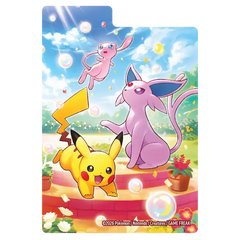 Pikachu, Espeon, and Mew celebrating in a vibrant garden for the 30th Celebration Ultra Premium Collection - Day Out.