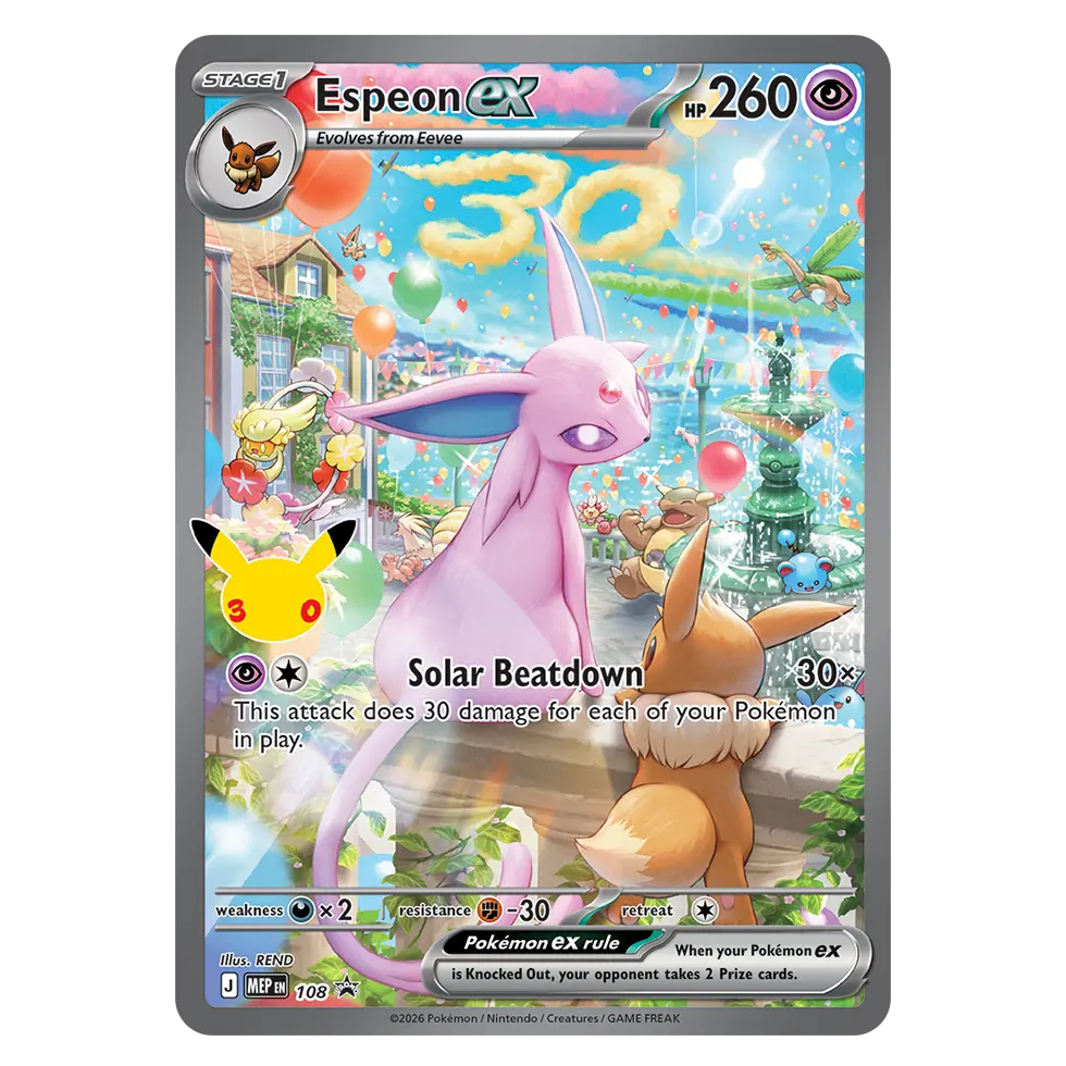 Espeon ex card featuring Solar Beatdown attack and Pikachu, from the Pokémon TCG 30th Celebration Ultra Premium Collection - Day Out.