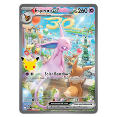 Espeon ex card featuring Solar Beatdown attack and Pikachu, from the Pokémon TCG 30th Celebration Ultra Premium Collection - Day Out.