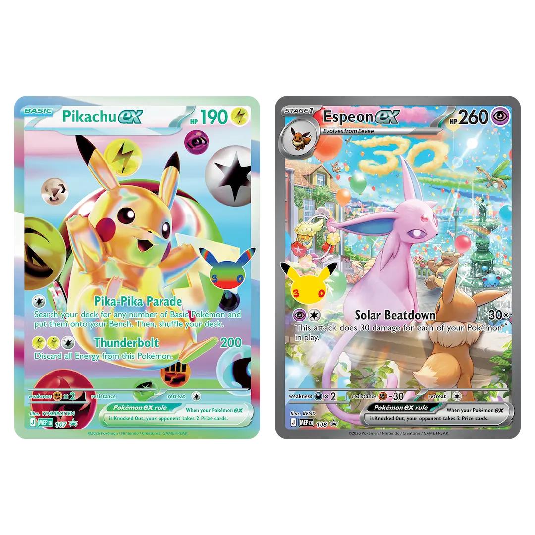 Pikachu ex and Espeon ex cards from the 30th Celebration Ultra Premium Collection - Day Out