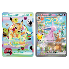 Pikachu ex and Espeon ex cards from the 30th Celebration Ultra Premium Collection - Day Out