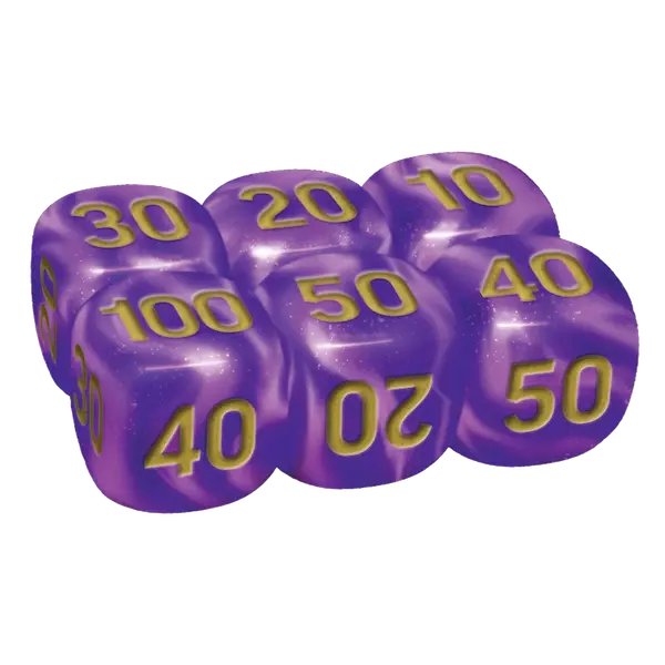 30th Celebration Ultra Premium Collection - Night Out themed purple dice with numbers 10, 20, 30, 40, 50, and 100.