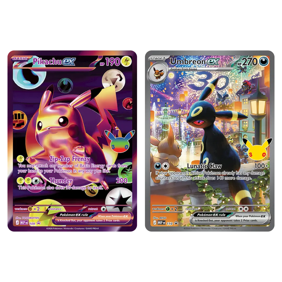 30th Celebration Ultra Premium Collection - Night Out featuring Pikachu ex and Umbreon ex cards.
