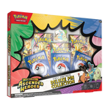 Luxe pin-collectie van Ascended Heroes met Pokémon TCG-pakjes en een levendige verpakkingsdisplay.