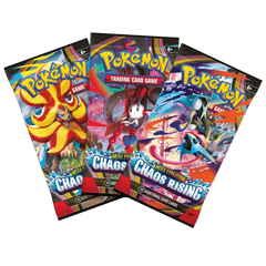 Chaos Rising 3-Pack Blister featuring 3 Booster Packs from Pokémon Mega Evolution series.
