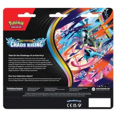 Chaos Rising 3-Pack Blister featuring Mega Evolution characters, Pokémon artwork, and booster packs for the TCG.
