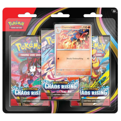 Chaos Rising 3-Pack Blister featuring Charmeleon card and Booster Packs from Pokémon Mega Evolution series.