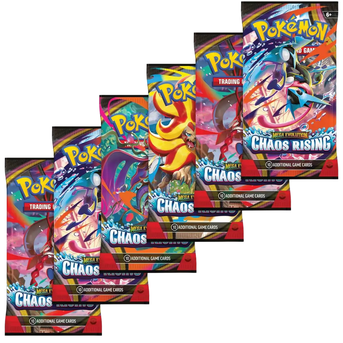 Chaos Rising Booster Bundle featuring 6 Booster Packs from the Pokémon Mega Evolution series.