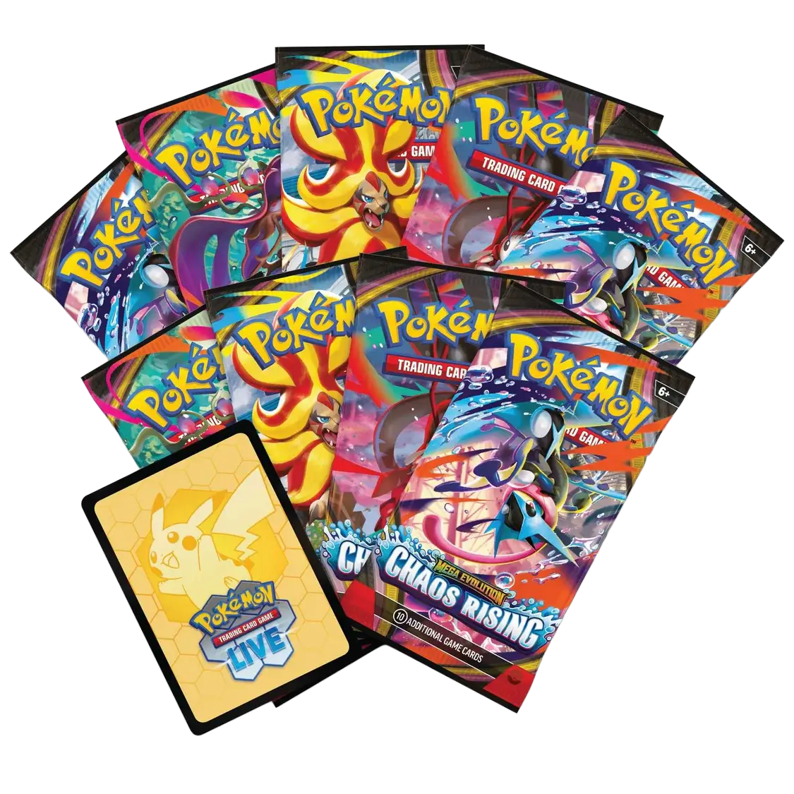 Chaos Rising Elite Trainer Box with 9 booster packs and Pokémon TCG Live code card.