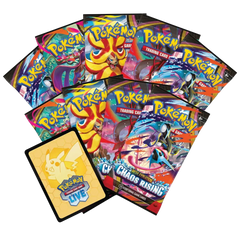 Chaos Rising Elite Trainer Box with 9 booster packs and Pokémon TCG Live code card.