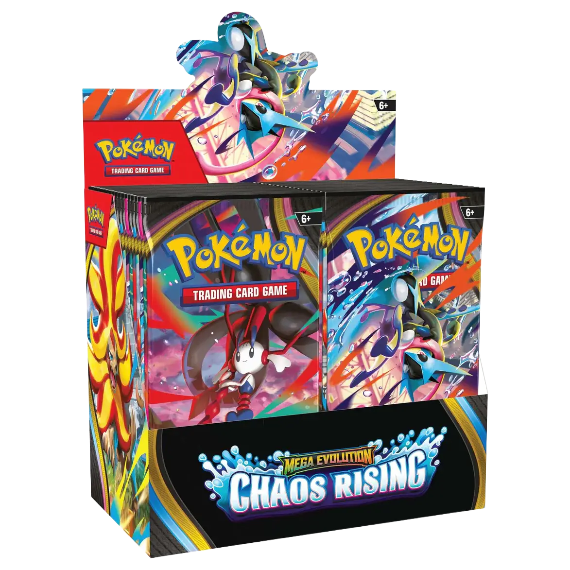Chaos Rising Booster Box featuring 36 Pokémon Trading Card Game booster packs and Mega Evolution designs.