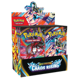 Chaos Rising Booster Box featuring 36 Pokémon Trading Card Game booster packs and Mega Evolution designs.