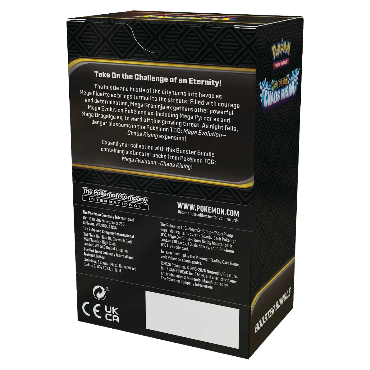 Chaos Rising Booster Bundle featuring 6 Booster Packs from Pokémon Mega Evolution expansion.