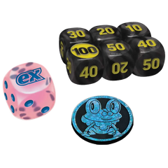 Chaos Rising Elite Trainer Box includes unique game dice and counters for Pokémon TCG gameplay.