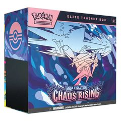 Chaos Rising Elite Trainer Box featuring Mega Evolution artwork and Pokémon Trading Card Game branding.