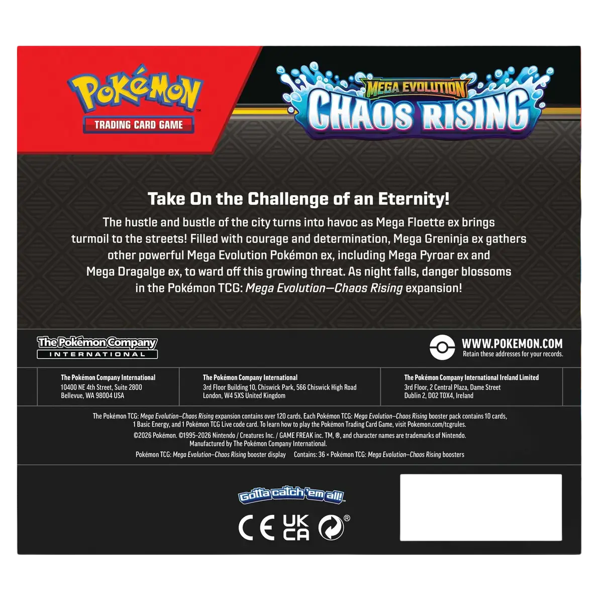 Chaos Rising Booster Box back packaging featuring Mega Evolution Pokémon and vibrant design details.