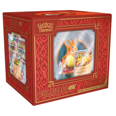 Charizard Super Premium Collection box featuring Charizard figure and foil promo cards for Pokémon fans.