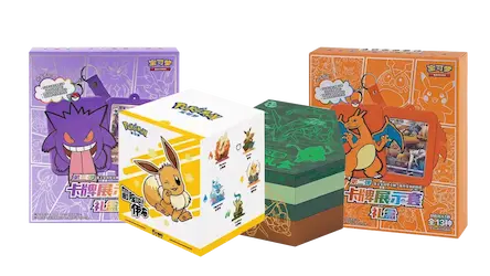 A collection of Pokémon-themed card boxes featuring Gengar, Eevee, and Charizard, perfect for fans and collectors.