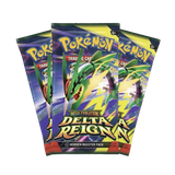 Delta Reign 3-Pack Blister featuring Mega Rayquaza booster packs from the Pokemon TCG Delta Reign expansion.