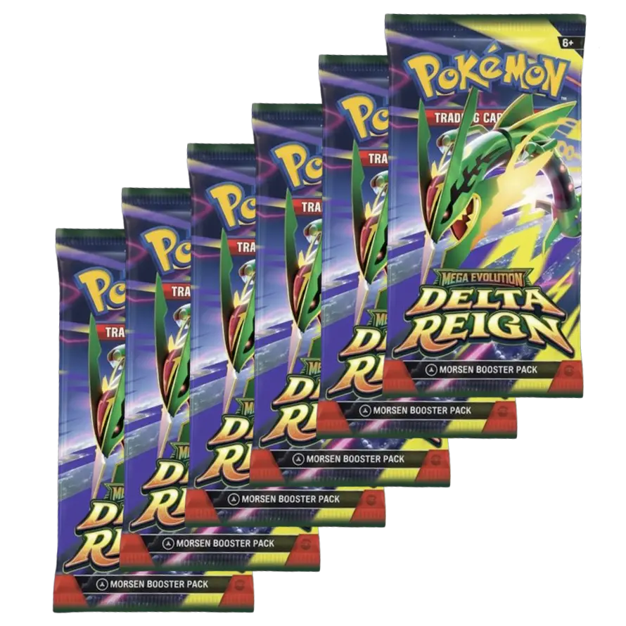 Delta Reign Elite Trainer Box with Mega Rayquaza booster packs displayed in a row.