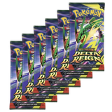 Delta Reign Elite Trainer Box with Mega Rayquaza booster packs displayed in a row.