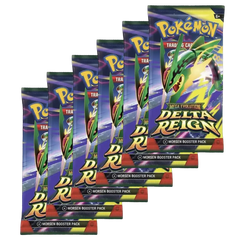 Delta Reign Elite Trainer Box with Mega Rayquaza booster packs displayed in a row.