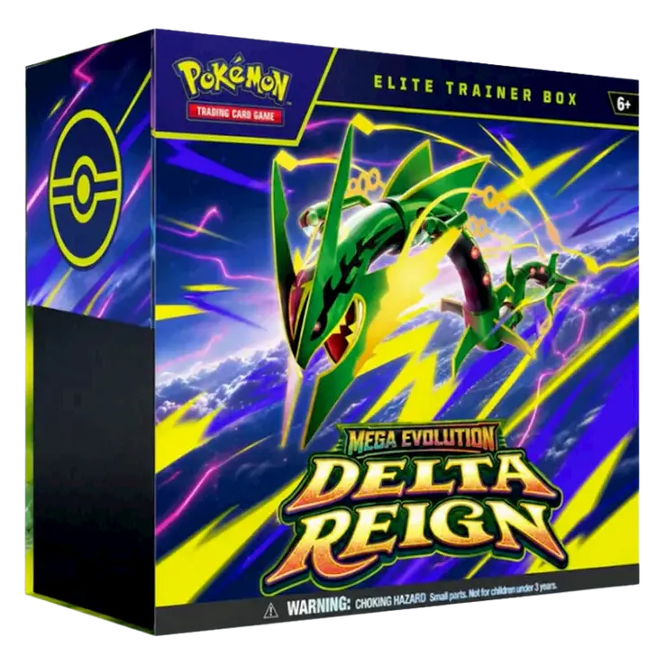 Delta Reign Elite Trainer Box featuring Mega Rayquaza and vibrant artwork for Pokemon TCG collectors.