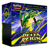 Delta Reign Elite Trainer Box featuring Mega Rayquaza and vibrant artwork for Pokemon TCG collectors.