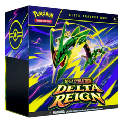 Delta Reign Elite Trainer Box featuring Mega Rayquaza and vibrant artwork for Pokemon TCG collectors.