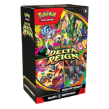 Delta Reign Elite Trainer Box met Mega Rayquaza boosterpakketten op een rij.