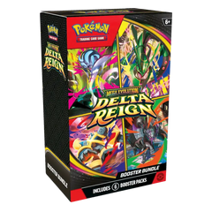 Delta Reign Elite Trainer Box met Mega Rayquaza boosterpakketten op een rij.