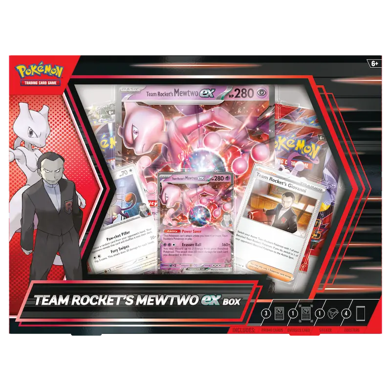 Team Rocket's Mewtwo EX Box featuring Mewtwo, Meowth, Giovanni, and Pokémon TCG cards for collectors.