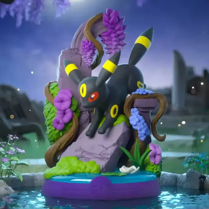 Relax & Enjoy Evee Blind Box featuring Umbreon in a serene diorama with flowers and water.