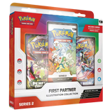 First Partner Illustration Box Series 2 med Pokémon Trading Card Game-pakker og bonus promo-kort.