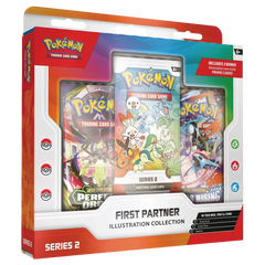 First Partner Illustration Box Series 2 med Pokémon Trading Card Game-pakker og bonus promo-kort.