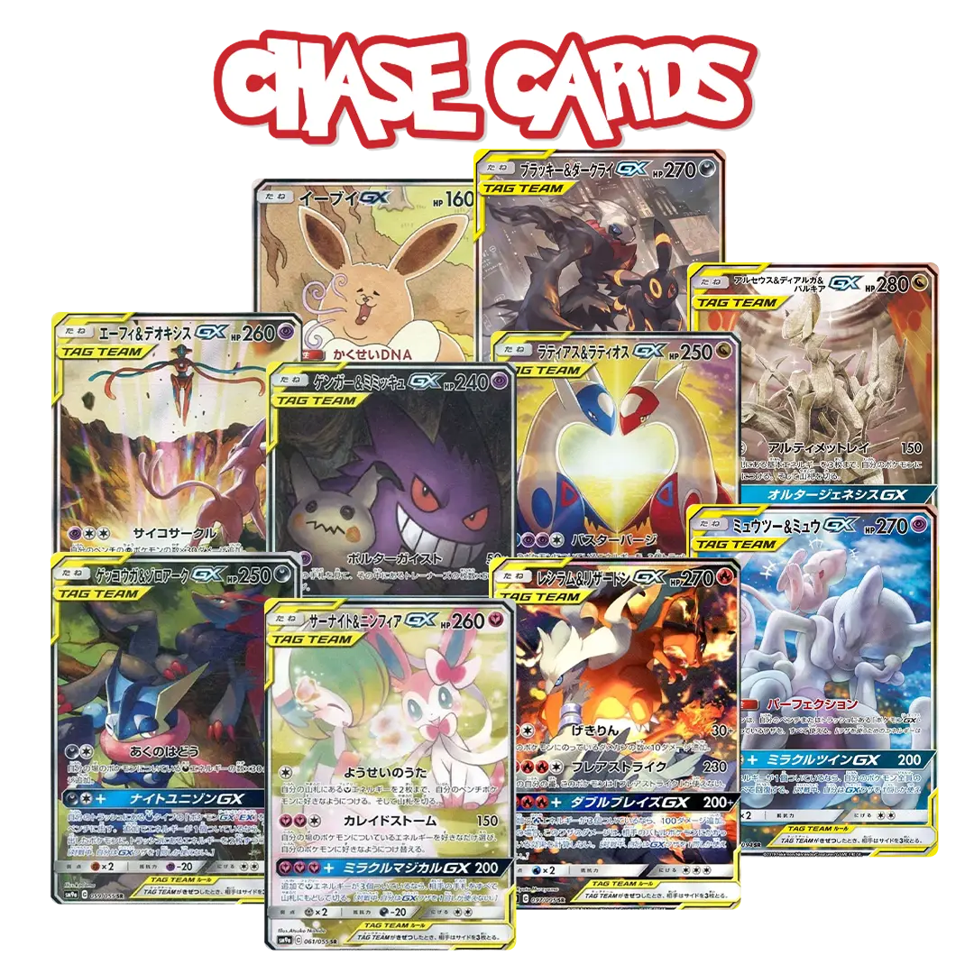 Japanese Mystery Bag (Live-stream) showcasing various chase cards from Pokémon trading card game.