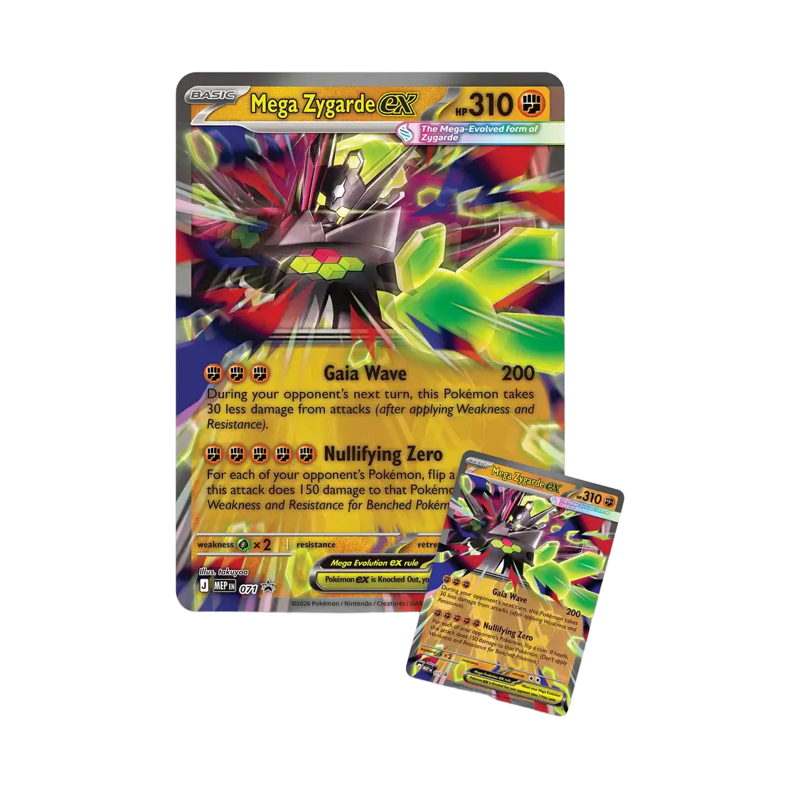 Mega Zygarde ex card shown in Zygarde Premium Collection (Live-stream), featuring powerful moves Gaia Wave and Nullifying Zero.