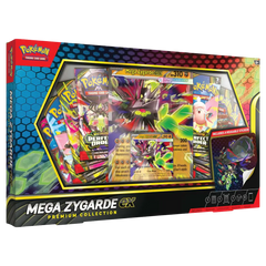 Zygarde Premium Collection (Live-stream) featuring Mega Zygarde ex and trading cards in a vibrant box design.