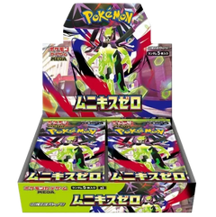 Munikis Zero Booster Box displayed with vibrant artwork, featuring Mega Evolution characters and exciting card designs.