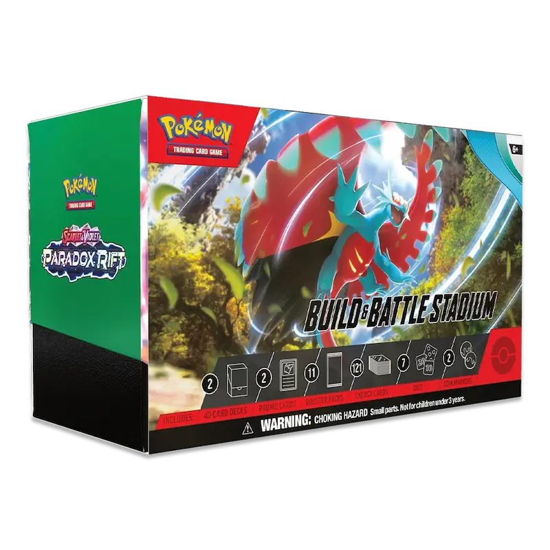 Paradox Rift Stadium Build & Battle Stadium packaging with vibrant artwork from the Pokémon Trading Card Game.