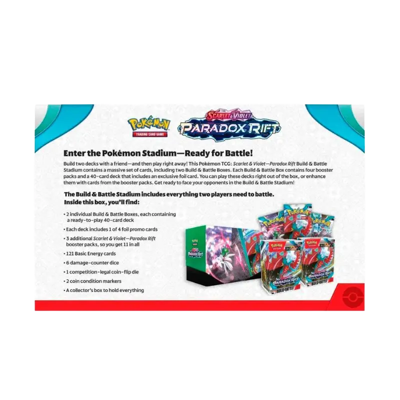 Paradox Rift Stadium Build & Battle boxes and cards ready for gameplay in the Pokémon Trading Card Game.