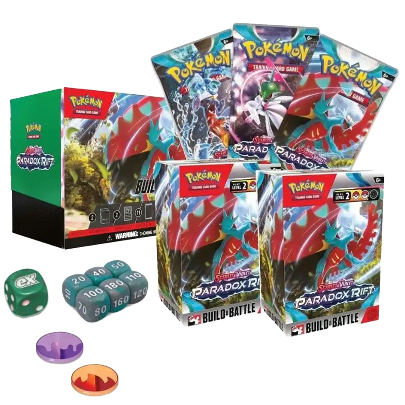 Paradox Rift Stadium Pokémon Trading Card Game set featuring cards and gameplay accessories.