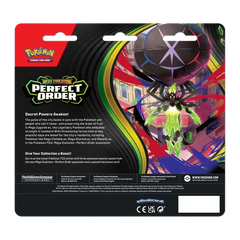 Perfect Order 3-Pack Blister featuring Mega Zygarde and booster pack details for Pokémon TCG.