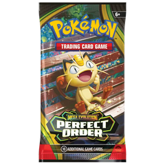 Image of Pokémon Trading Card Game booster pack featuring Meowth from the Perfect Order Booster Box.