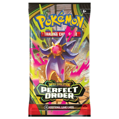 Pokémon Perfect Order Booster Box packaging featuring Mega Evolution and vibrant design.