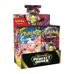 Perfect Order Booster Box featuring 36 booster packs from the Pokémon Trading Card Game Mega Evolution era.