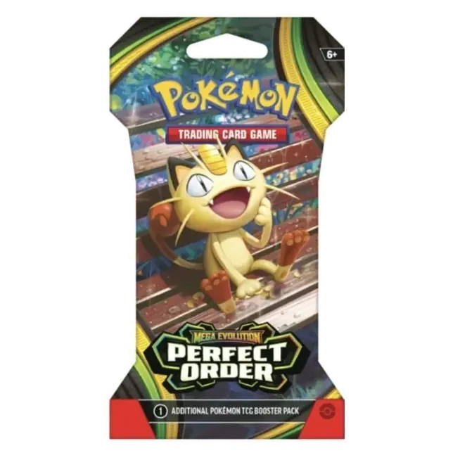 Perfect Order Sleeved Booster featuring Pokémon Trading Card Game packaging with Meowth and Mega Evolution.